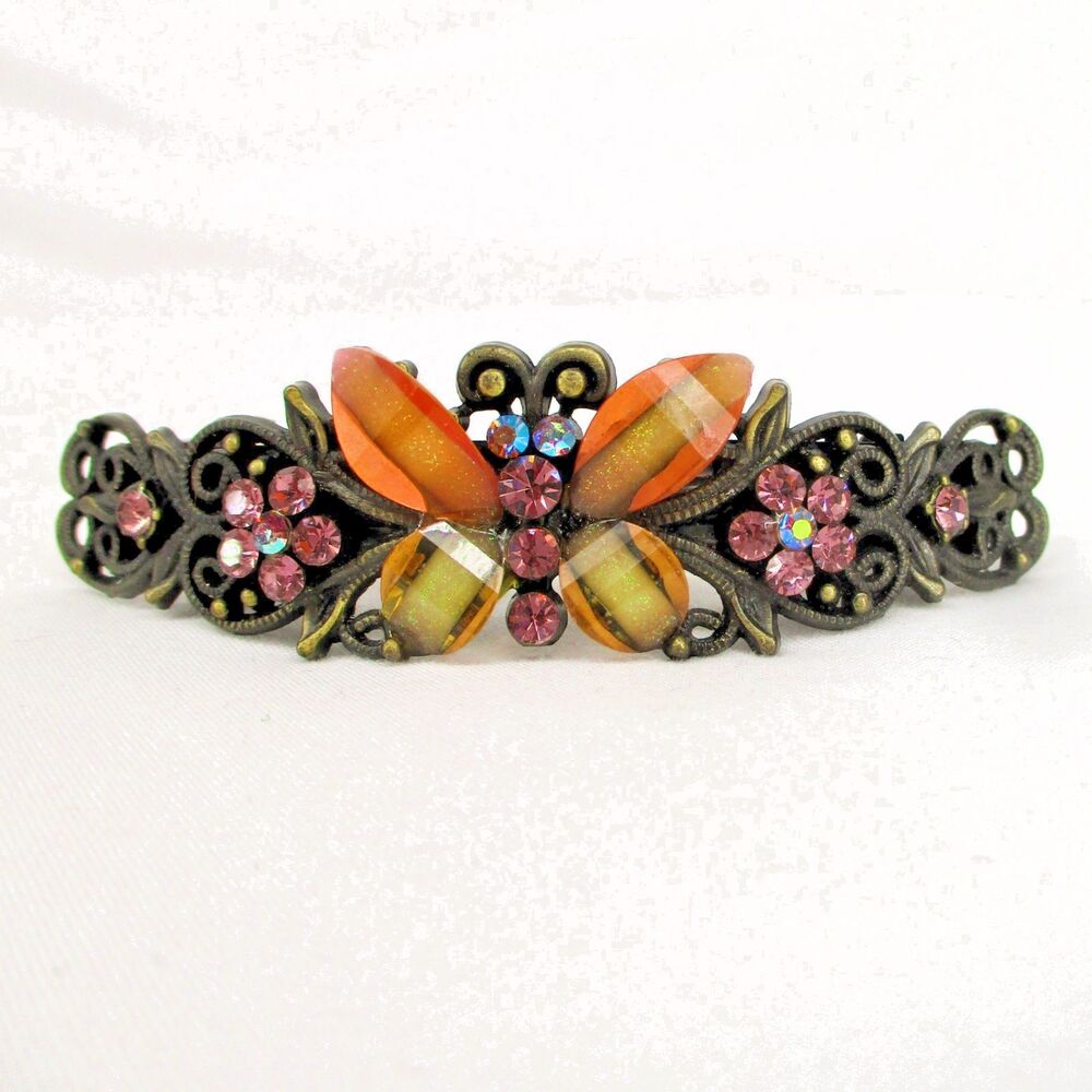 Women's Butterfly Hair Clip Dark Metal Pink Bling Rhinestone Large Barrette
